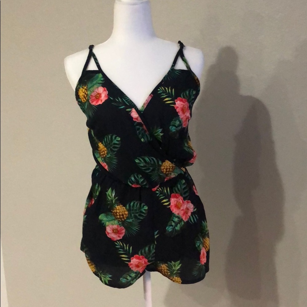 Tropical print navy romper